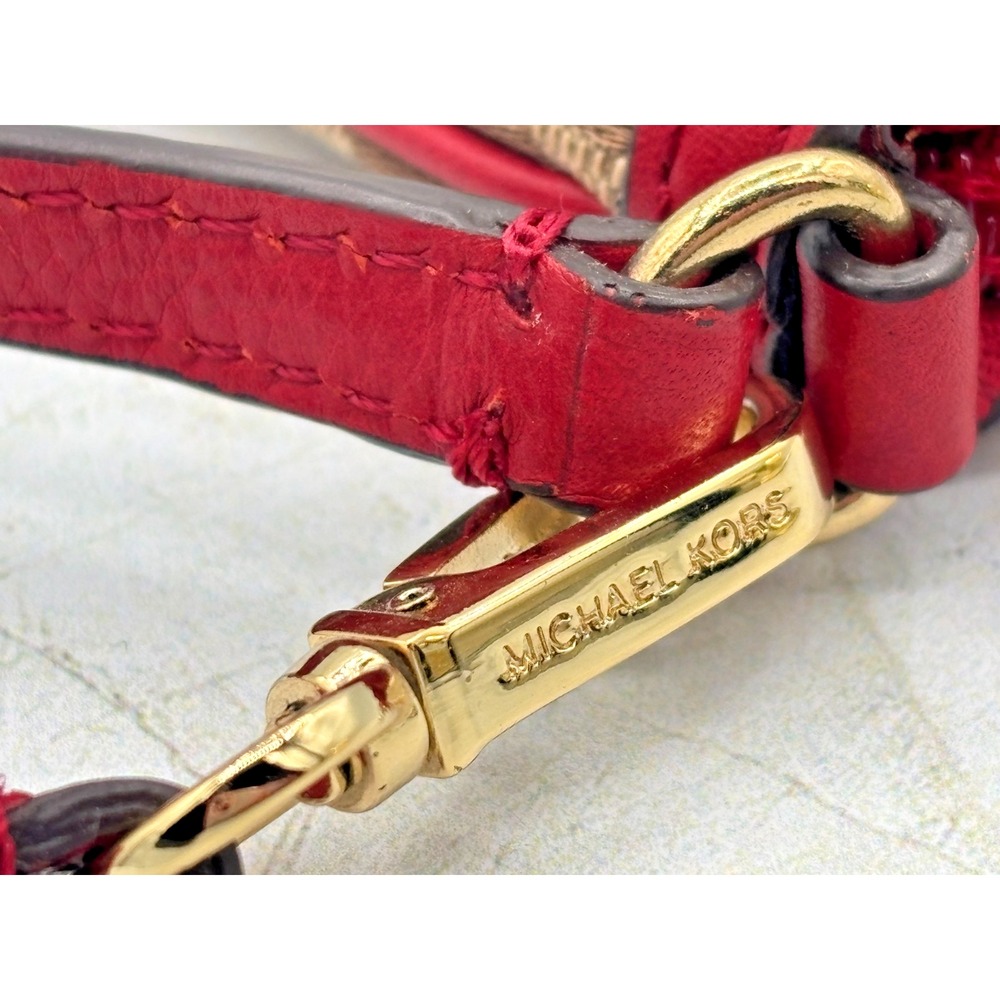 Michael Kors Jacquard Monagram Wristlet Mini Bag Red Leather Signature Lining - Picture 5 of 16
